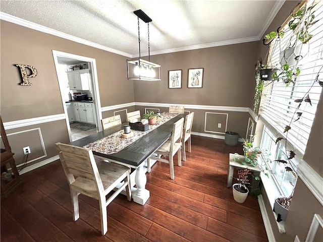 dining space with ornamental molding, dark hardwood / wood-style floors, and a textured ceiling