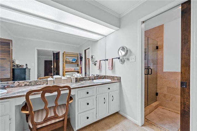 bathroom featuring ornamental molding, vanity, and a shower with shower door