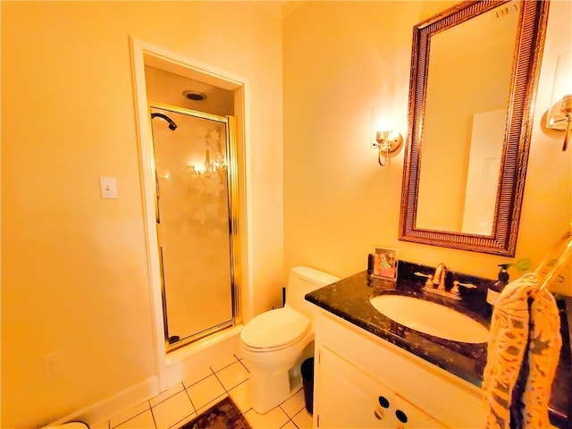 full bath featuring vanity, toilet, a shower stall, and tile patterned flooring