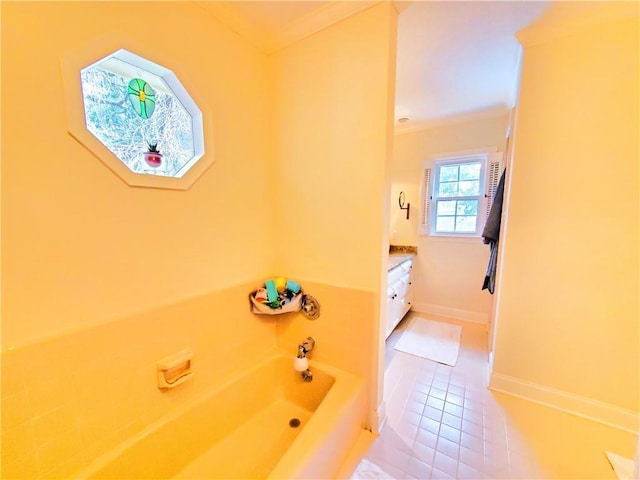 full bathroom with tile patterned floors, baseboards, and a garden tub