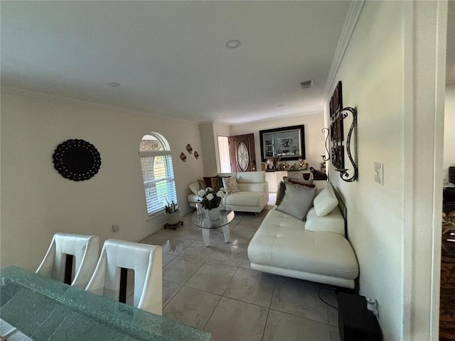 tiled living room featuring ornamental molding