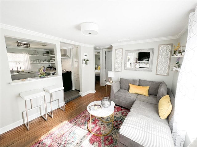 living area with wood finished floors, baseboards, and ornamental molding