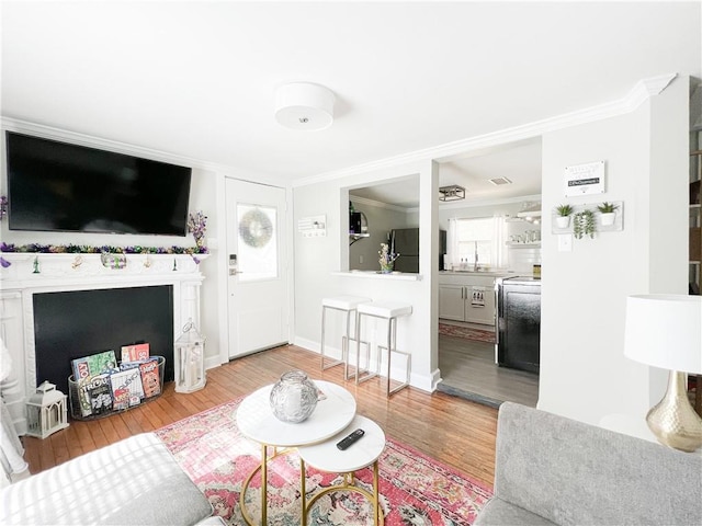 living area featuring light wood-type flooring, baseboards, and ornamental molding