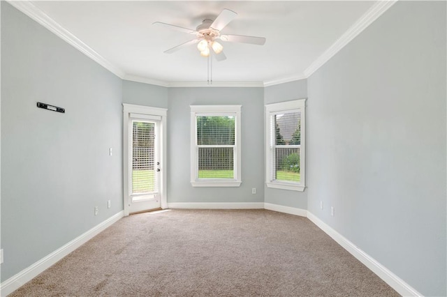 carpeted empty room with crown molding and ceiling fan