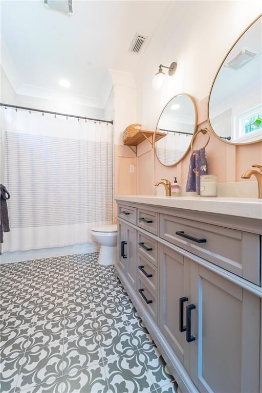 bathroom with ornamental molding, vanity, tile patterned flooring, toilet, and a shower with curtain