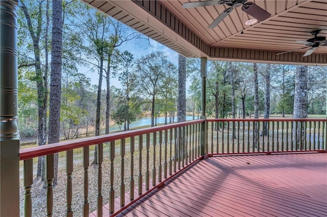 wooden terrace with ceiling fan and a water view