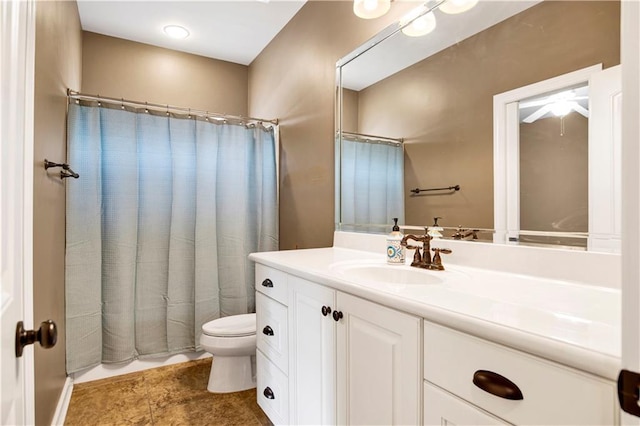 3245 Mcrae Dr, Mobile, AL 36695 - full bathroom with vanity, a shower with shower curtain, a ceiling fan, and tile patterned floors