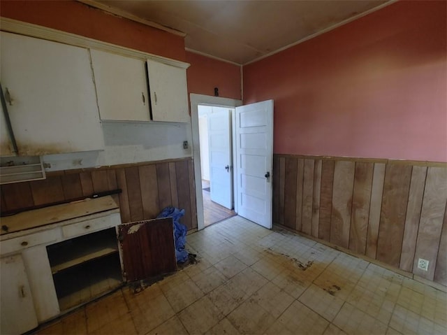 kitchen with white cabinetry and wooden walls