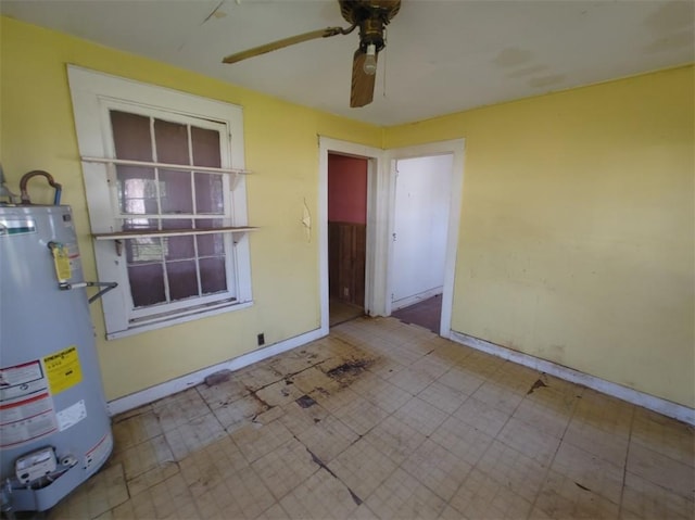 empty room with gas water heater and ceiling fan