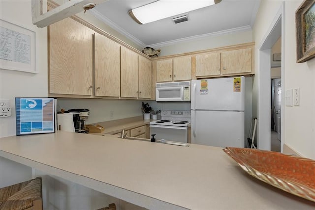 50 Forney Johnston Dr Unit 8B, Dauphin Island, AL 36528 - kitchen with white appliances, light brown cabinetry, crown molding, light countertops, and a peninsula