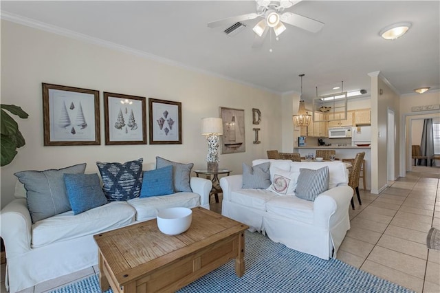 50 Forney Johnston Dr Unit 8B, Dauphin Island, AL 36528 - living area with ornamental molding, a ceiling fan, and light tile patterned floors