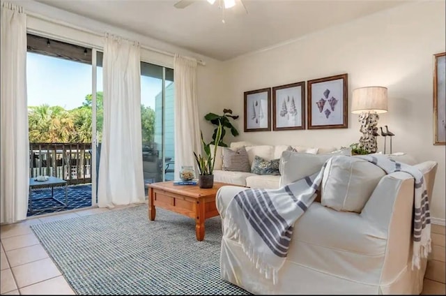 50 Forney Johnston Dr Unit 8B, Dauphin Island, AL 36528 - living area with a ceiling fan and light tile patterned flooring