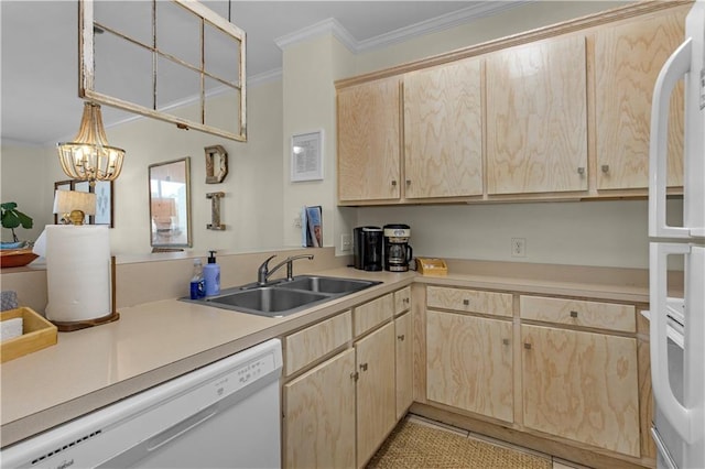 50 Forney Johnston Dr Unit 8B, Dauphin Island, AL 36528 - kitchen with light brown cabinets, a sink, dishwasher, ornamental molding, and light countertops