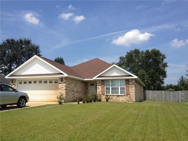 ranch-style house featuring a garage, a shingled roof, fence, driveway, and a front lawn