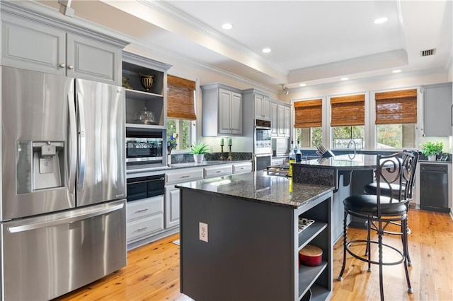 kitchen featuring gray cabinetry, stainless steel appliances, a tray ceiling, dark stone countertops, and a kitchen island