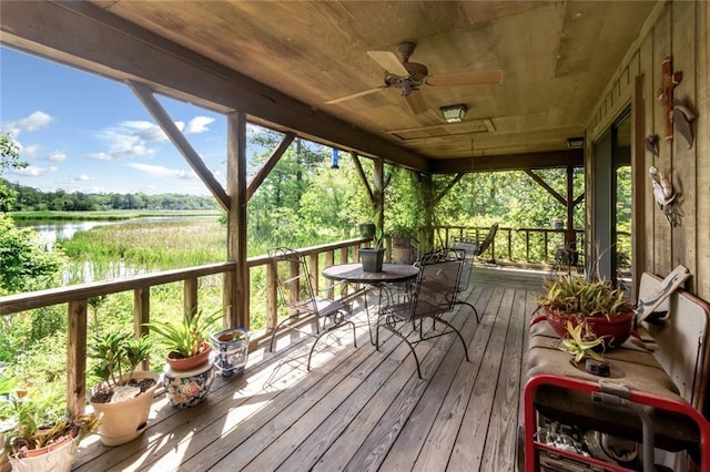 2100 River Forest Rd, Mobile, AL 36605 - wooden deck featuring a water view and a ceiling fan