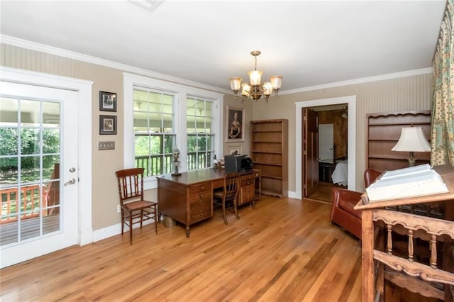 2100 River Forest Rd, Mobile, AL 36605 - home office with a chandelier, crown molding, light wood-style floors, and baseboards
