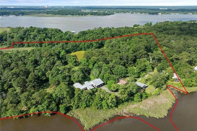 2100 River Forest Rd, Mobile, AL 36605 - aerial view of property and surrounding area featuring property boundaries highlighted, a large body of water, and a heavily wooded area