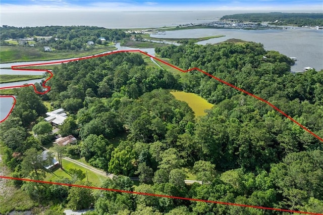 2100 River Forest Rd, Mobile, AL 36605 - aerial view of property and surrounding area with a large body of water, a heavily wooded area, and property parcel outlined