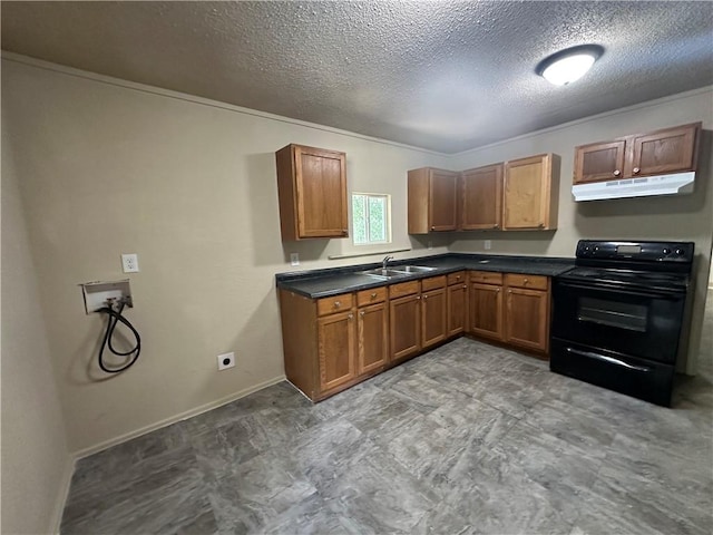 1820 N Barkley Dr, Mobile, AL 36606 - kitchen featuring black / electric stove, under cabinet range hood, brown cabinetry, a textured ceiling, and dark countertops