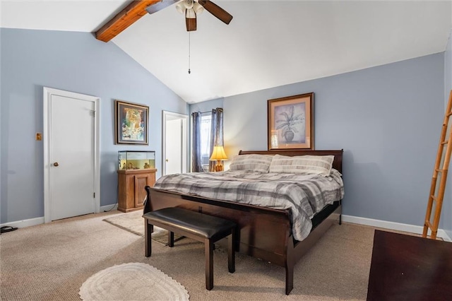 carpeted bedroom featuring vaulted ceiling with beams and ceiling fan