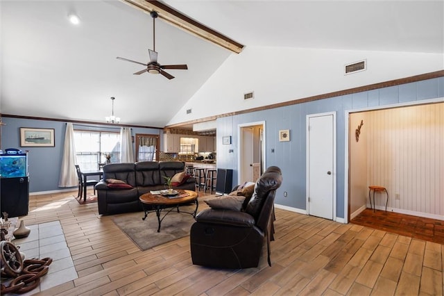 living room with high vaulted ceiling, beamed ceiling, ceiling fan with notable chandelier, and light wood-type flooring