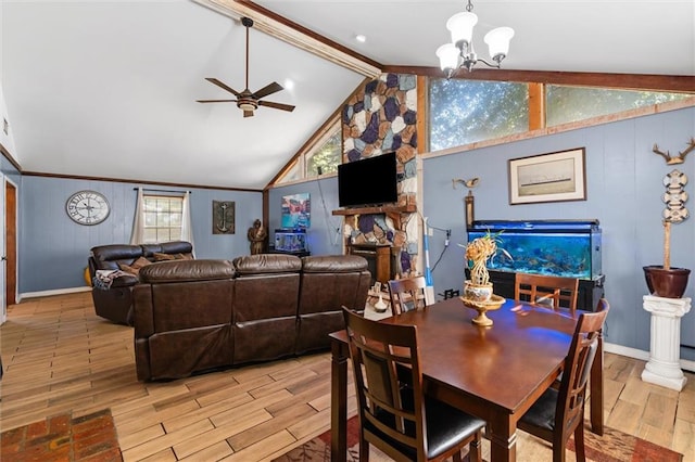 dining area with vaulted ceiling with beams, wood-type flooring, and ceiling fan with notable chandelier