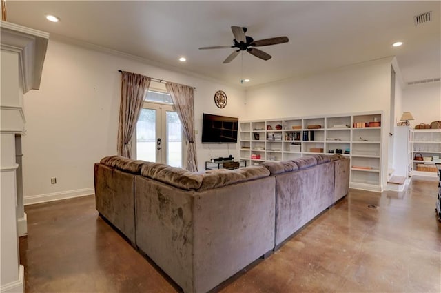 living room featuring crown molding, concrete flooring, french doors, and ceiling fan