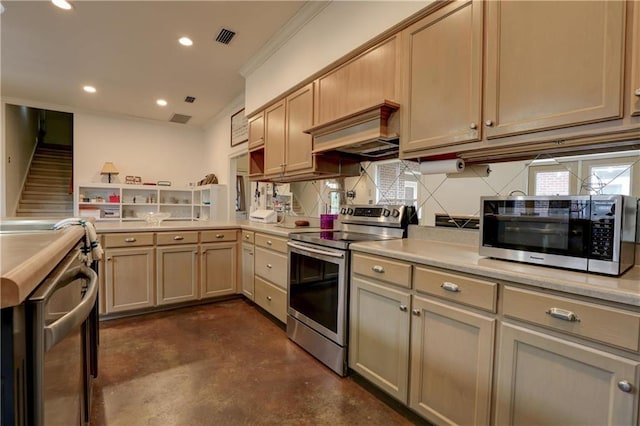 kitchen with premium range hood, visible vents, appliances with stainless steel finishes, and light countertops