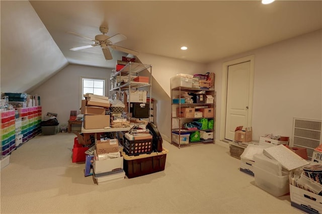 storage room with a ceiling fan