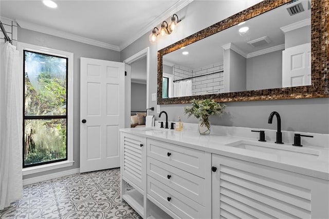 bathroom with vanity, tile patterned flooring, ornamental molding, and curtained shower