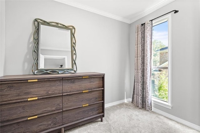 bedroom featuring ornamental molding, light colored carpet, and multiple windows