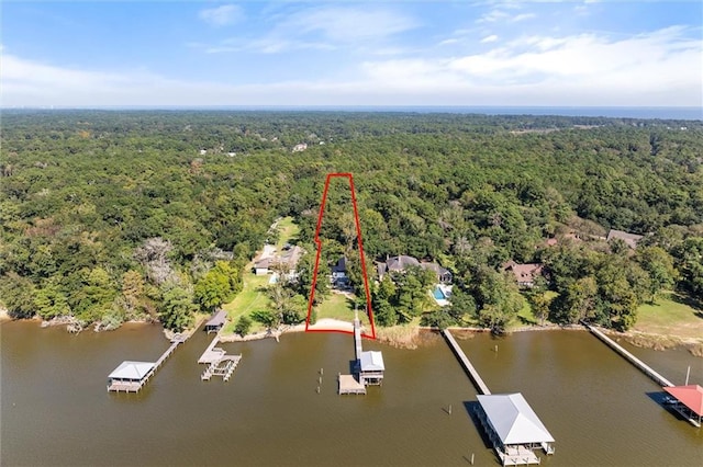 birds eye view of property featuring a water view