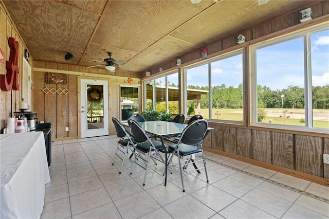 sunroom with wood ceiling, plenty of natural light, and ceiling fan