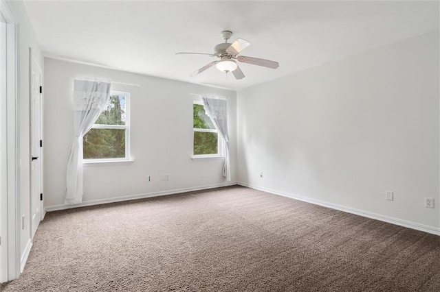 interior space with ceiling fan and carpet flooring