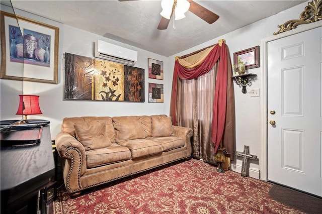 carpeted living room featuring ceiling fan and a wall mounted AC