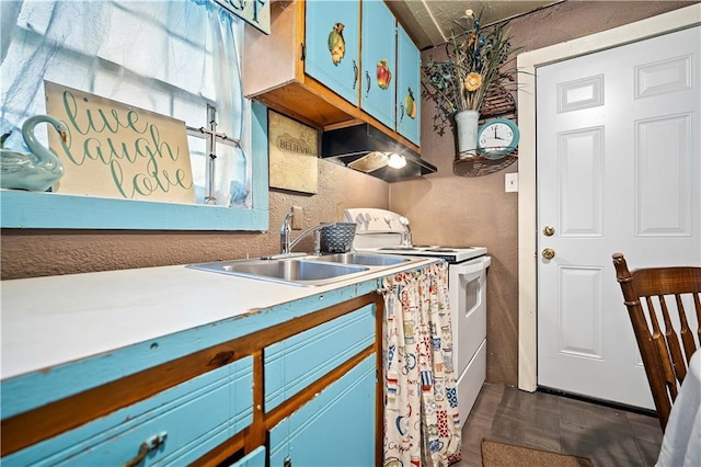 kitchen with dark parquet flooring, blue cabinets, white electric stove, and sink