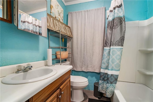 full bathroom with toilet, a textured ceiling, shower / bath combination with curtain, and vanity