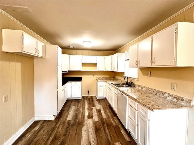 kitchen with sink, white cabinets, ornamental molding, white dishwasher, and dark hardwood / wood-style floors