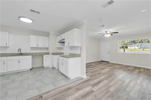 355 La Rose Dr, Mobile, AL 36609 - kitchen with under cabinet range hood, ornamental molding, light stone countertops, ceiling fan, and a sink