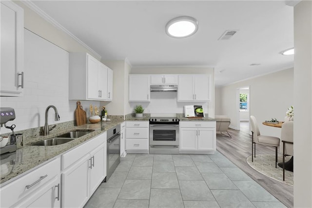 355 La Rose Dr, Mobile, AL 36609 - kitchen with a sink, electric stove, crown molding, white cabinetry, and light stone countertops