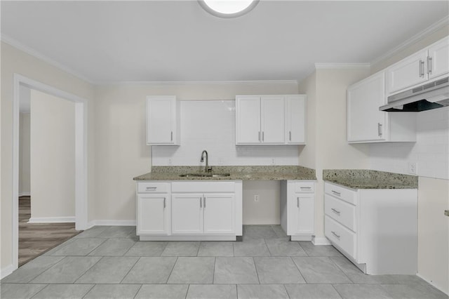 355 La Rose Dr, Mobile, AL 36609 - kitchen featuring a sink, under cabinet range hood, light stone counters, crown molding, and white cabinets