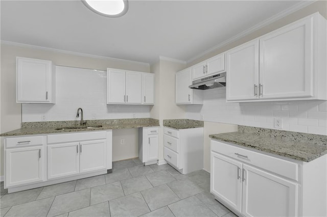 355 La Rose Dr, Mobile, AL 36609 - kitchen with a sink, under cabinet range hood, light stone countertops, backsplash, and ornamental molding