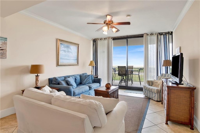 living room featuring ornamental molding, light tile patterned flooring, ceiling fan, and a wall of windows