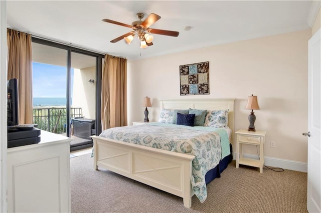 carpeted bedroom with access to outside and ceiling fan