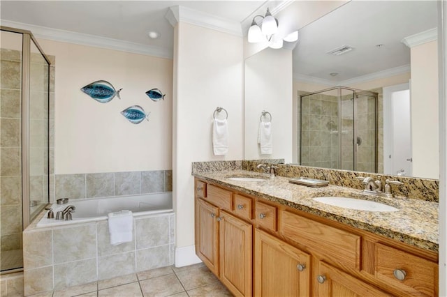 bathroom with crown molding, vanity, independent shower and bath, and tile patterned floors