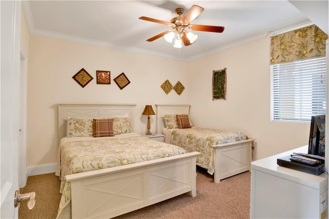 bedroom with ceiling fan, ornamental molding, and light carpet