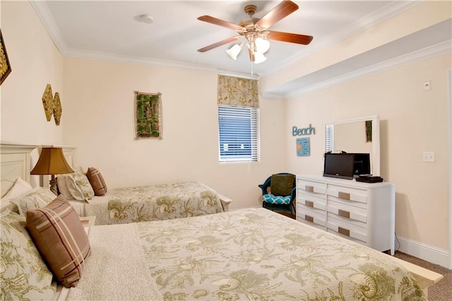 bedroom with ceiling fan, crown molding, and carpet floors