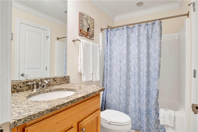 full bathroom featuring crown molding, vanity, toilet, and shower / bath combo with shower curtain