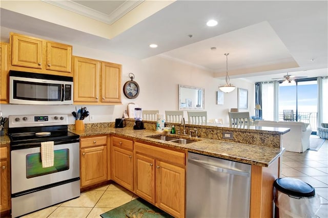 kitchen featuring a raised ceiling, appliances with stainless steel finishes, kitchen peninsula, sink, and ceiling fan